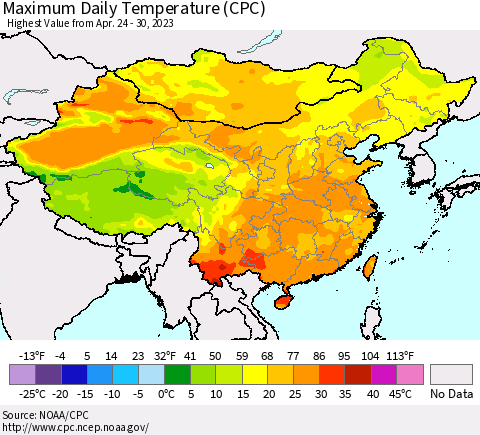 China, Mongolia and Taiwan Maximum Daily Temperature (CPC) Thematic Map For 4/24/2023 - 4/30/2023