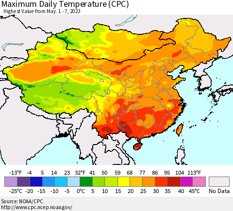 China, Mongolia and Taiwan Maximum Daily Temperature (CPC) Thematic Map For 5/1/2023 - 5/7/2023