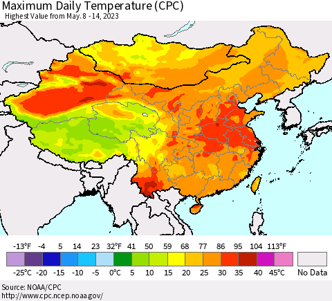 China, Mongolia and Taiwan Maximum Daily Temperature (CPC) Thematic Map For 5/8/2023 - 5/14/2023