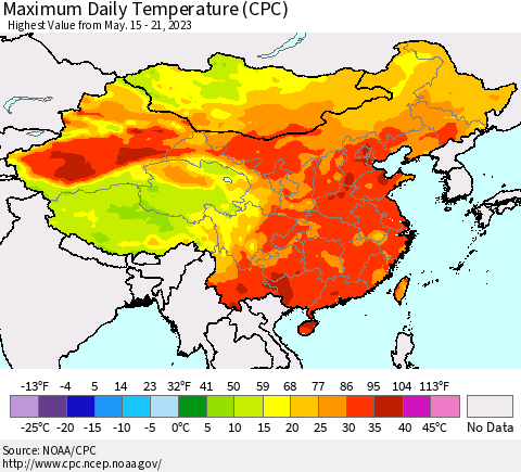 China, Mongolia and Taiwan Maximum Daily Temperature (CPC) Thematic Map For 5/15/2023 - 5/21/2023
