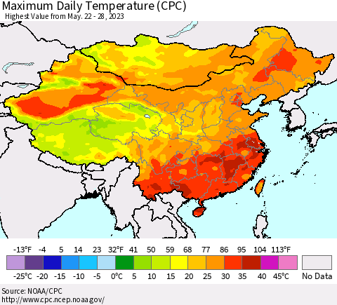 China, Mongolia and Taiwan Maximum Daily Temperature (CPC) Thematic Map For 5/22/2023 - 5/28/2023