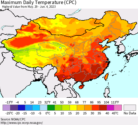 China, Mongolia and Taiwan Maximum Daily Temperature (CPC) Thematic Map For 5/29/2023 - 6/4/2023