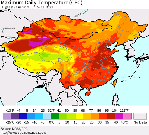 China, Mongolia and Taiwan Maximum Daily Temperature (CPC) Thematic Map For 6/5/2023 - 6/11/2023
