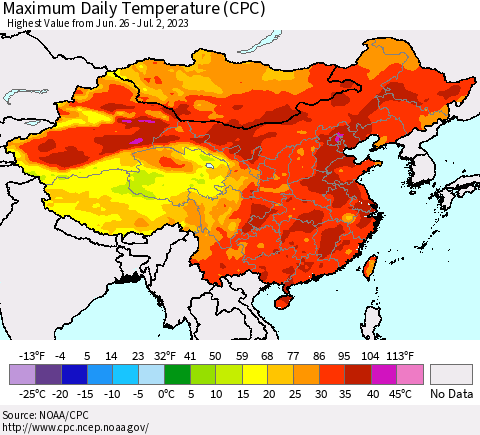 China, Mongolia and Taiwan Maximum Daily Temperature (CPC) Thematic Map For 6/26/2023 - 7/2/2023
