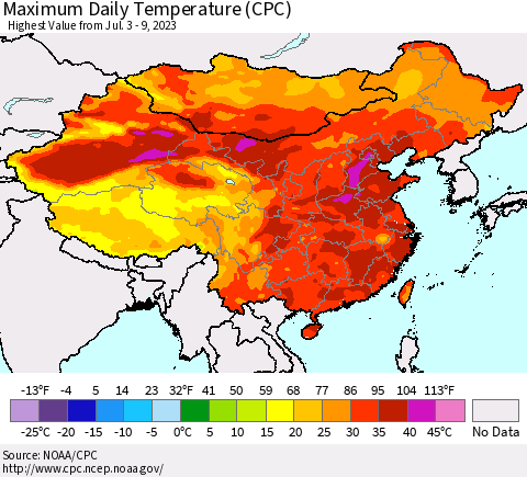 China, Mongolia and Taiwan Maximum Daily Temperature (CPC) Thematic Map For 7/3/2023 - 7/9/2023