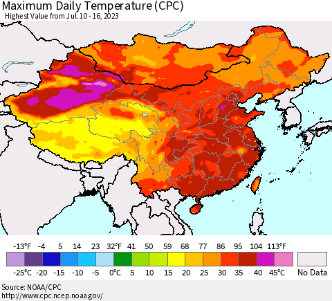 China, Mongolia and Taiwan Maximum Daily Temperature (CPC) Thematic Map For 7/10/2023 - 7/16/2023