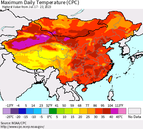 China, Mongolia and Taiwan Maximum Daily Temperature (CPC) Thematic Map For 7/17/2023 - 7/23/2023