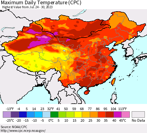 China, Mongolia and Taiwan Maximum Daily Temperature (CPC) Thematic Map For 7/24/2023 - 7/30/2023