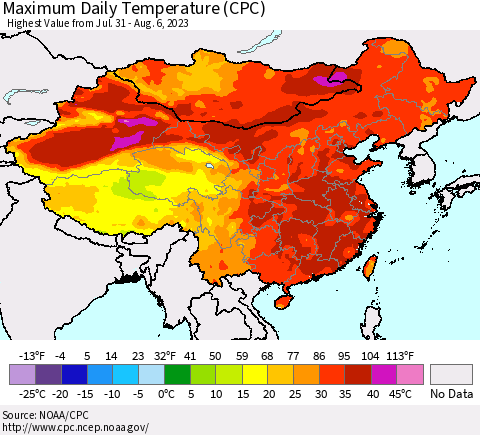 China, Mongolia and Taiwan Maximum Daily Temperature (CPC) Thematic Map For 7/31/2023 - 8/6/2023