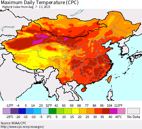 China, Mongolia and Taiwan Maximum Daily Temperature (CPC) Thematic Map For 8/7/2023 - 8/13/2023