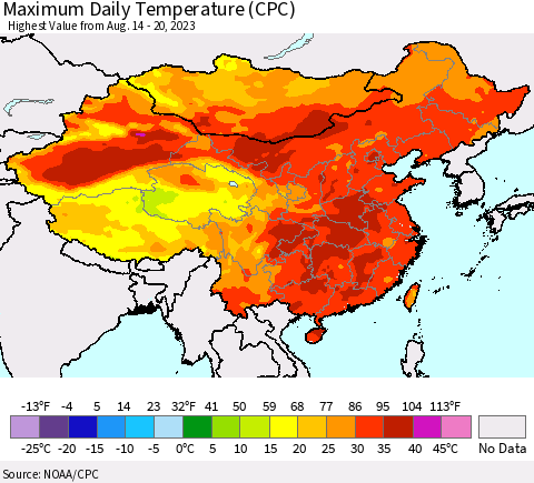 China, Mongolia and Taiwan Maximum Daily Temperature (CPC) Thematic Map For 8/14/2023 - 8/20/2023