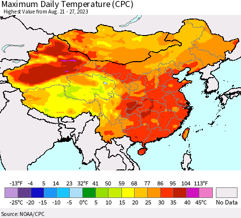 China, Mongolia and Taiwan Maximum Daily Temperature (CPC) Thematic Map For 8/21/2023 - 8/27/2023