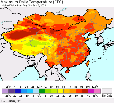 China, Mongolia and Taiwan Maximum Daily Temperature (CPC) Thematic Map For 8/28/2023 - 9/3/2023