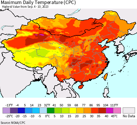 China, Mongolia and Taiwan Maximum Daily Temperature (CPC) Thematic Map For 9/4/2023 - 9/10/2023