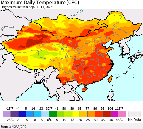 China, Mongolia and Taiwan Maximum Daily Temperature (CPC) Thematic Map For 9/11/2023 - 9/17/2023