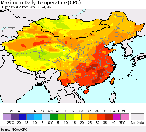 China, Mongolia and Taiwan Maximum Daily Temperature (CPC) Thematic Map For 9/18/2023 - 9/24/2023
