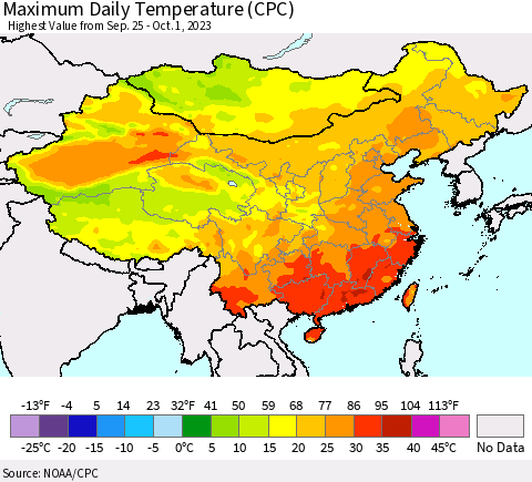 China, Mongolia and Taiwan Maximum Daily Temperature (CPC) Thematic Map For 9/25/2023 - 10/1/2023