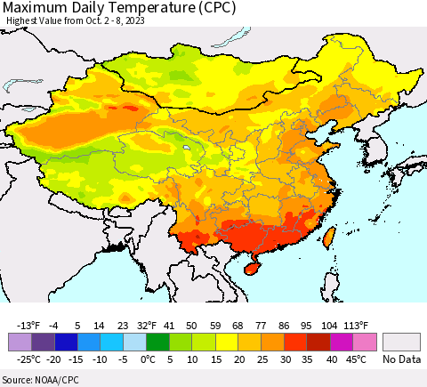 China, Mongolia and Taiwan Maximum Daily Temperature (CPC) Thematic Map For 10/2/2023 - 10/8/2023