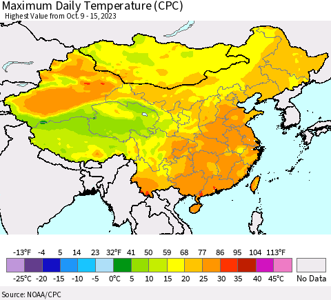 China, Mongolia and Taiwan Maximum Daily Temperature (CPC) Thematic Map For 10/9/2023 - 10/15/2023