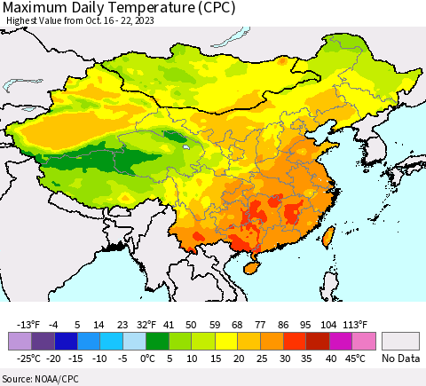 China, Mongolia and Taiwan Maximum Daily Temperature (CPC) Thematic Map For 10/16/2023 - 10/22/2023