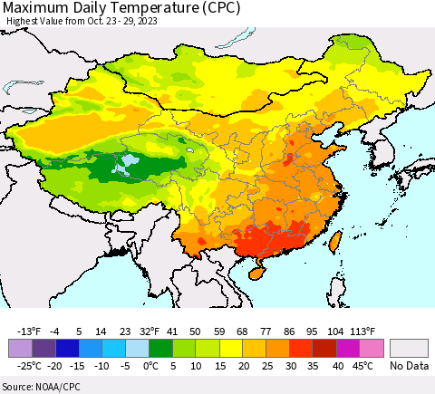 China, Mongolia and Taiwan Maximum Daily Temperature (CPC) Thematic Map For 10/23/2023 - 10/29/2023