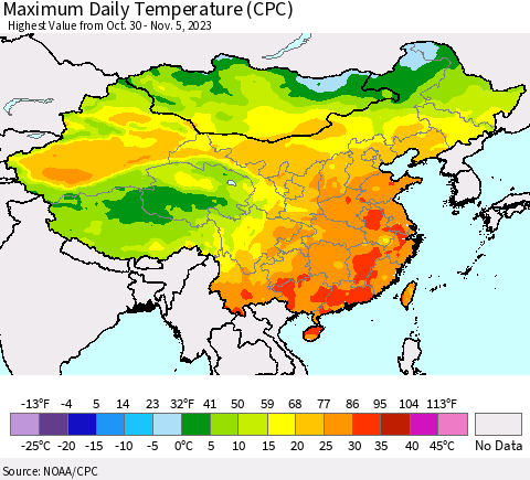 China, Mongolia and Taiwan Maximum Daily Temperature (CPC) Thematic Map For 10/30/2023 - 11/5/2023