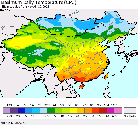 China, Mongolia and Taiwan Maximum Daily Temperature (CPC) Thematic Map For 11/6/2023 - 11/12/2023