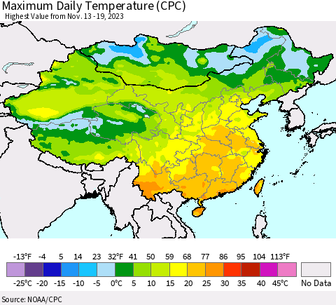 China, Mongolia and Taiwan Maximum Daily Temperature (CPC) Thematic Map For 11/13/2023 - 11/19/2023