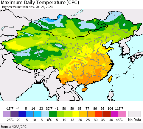 China, Mongolia and Taiwan Maximum Daily Temperature (CPC) Thematic Map For 11/20/2023 - 11/26/2023