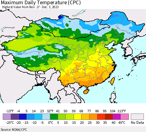 China, Mongolia and Taiwan Maximum Daily Temperature (CPC) Thematic Map For 11/27/2023 - 12/3/2023