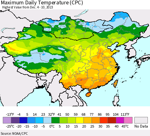 China, Mongolia and Taiwan Maximum Daily Temperature (CPC) Thematic Map For 12/4/2023 - 12/10/2023