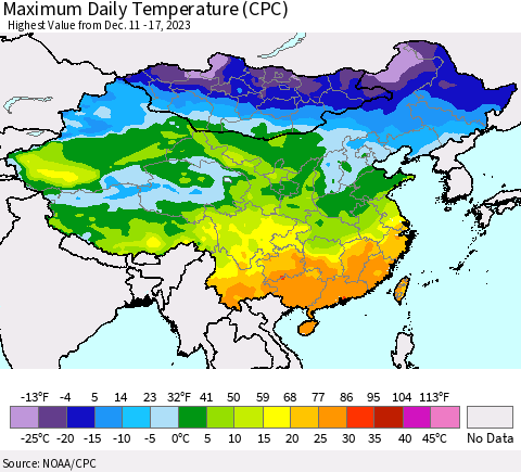 China, Mongolia and Taiwan Maximum Daily Temperature (CPC) Thematic Map For 12/11/2023 - 12/17/2023