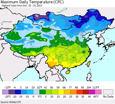 China, Mongolia and Taiwan Maximum Daily Temperature (CPC) Thematic Map For 12/18/2023 - 12/24/2023