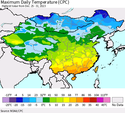 China, Mongolia and Taiwan Maximum Daily Temperature (CPC) Thematic Map For 12/25/2023 - 12/31/2023