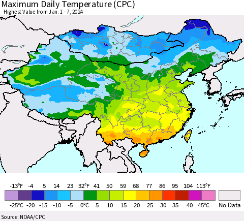 China, Mongolia and Taiwan Maximum Daily Temperature (CPC) Thematic Map For 1/1/2024 - 1/7/2024