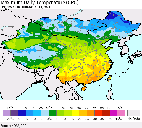 China, Mongolia and Taiwan Maximum Daily Temperature (CPC) Thematic Map For 1/8/2024 - 1/14/2024