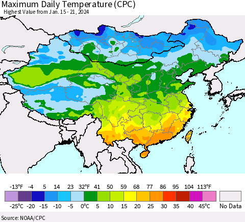 China, Mongolia and Taiwan Maximum Daily Temperature (CPC) Thematic Map For 1/15/2024 - 1/21/2024