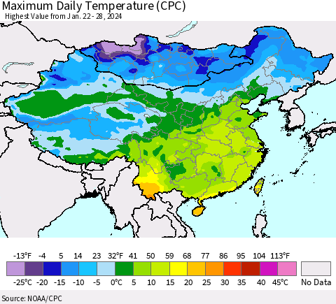 China, Mongolia and Taiwan Maximum Daily Temperature (CPC) Thematic Map For 1/22/2024 - 1/28/2024