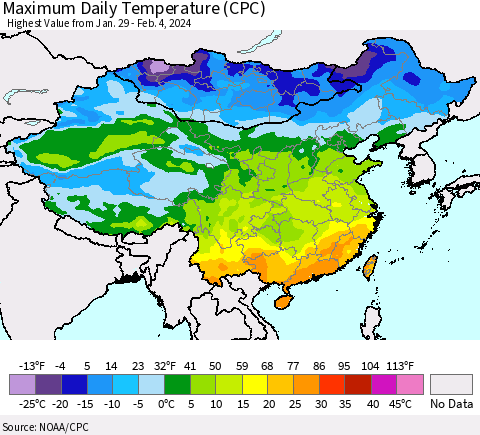 China, Mongolia and Taiwan Maximum Daily Temperature (CPC) Thematic Map For 1/29/2024 - 2/4/2024