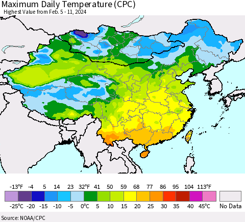 China, Mongolia and Taiwan Maximum Daily Temperature (CPC) Thematic Map For 2/5/2024 - 2/11/2024