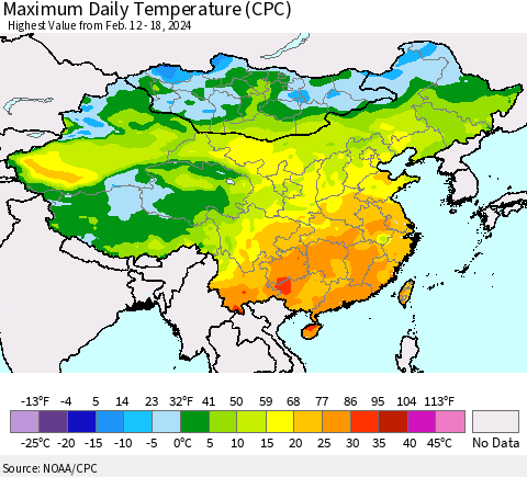 China, Mongolia and Taiwan Maximum Daily Temperature (CPC) Thematic Map For 2/12/2024 - 2/18/2024