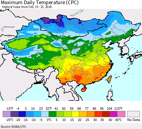 China, Mongolia and Taiwan Maximum Daily Temperature (CPC) Thematic Map For 2/19/2024 - 2/25/2024