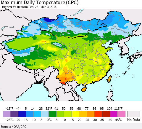 China, Mongolia and Taiwan Maximum Daily Temperature (CPC) Thematic Map For 2/26/2024 - 3/3/2024