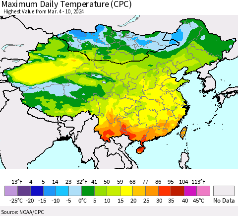 China, Mongolia and Taiwan Maximum Daily Temperature (CPC) Thematic Map For 3/4/2024 - 3/10/2024