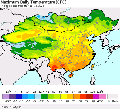 China, Mongolia and Taiwan Maximum Daily Temperature (CPC) Thematic Map For 3/11/2024 - 3/17/2024