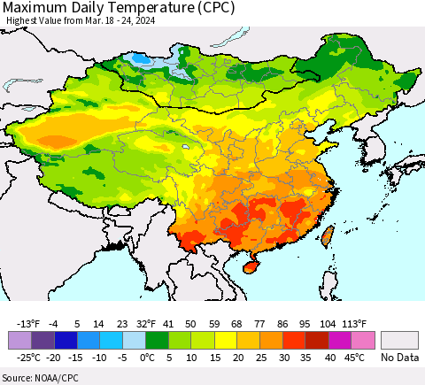 China, Mongolia and Taiwan Maximum Daily Temperature (CPC) Thematic Map For 3/18/2024 - 3/24/2024