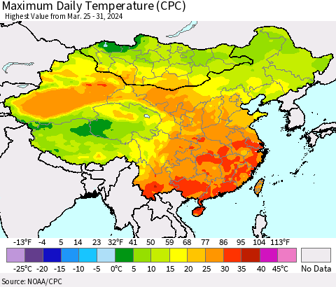 China, Mongolia and Taiwan Maximum Daily Temperature (CPC) Thematic Map For 3/25/2024 - 3/31/2024