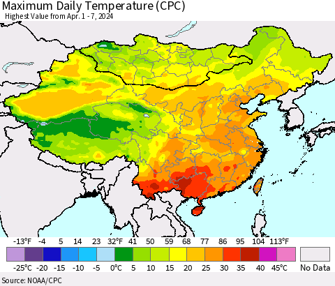 China, Mongolia and Taiwan Maximum Daily Temperature (CPC) Thematic Map For 4/1/2024 - 4/7/2024