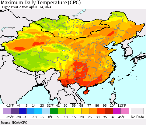 China, Mongolia and Taiwan Maximum Daily Temperature (CPC) Thematic Map For 4/8/2024 - 4/14/2024