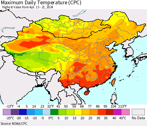 China, Mongolia and Taiwan Maximum Daily Temperature (CPC) Thematic Map For 4/15/2024 - 4/21/2024